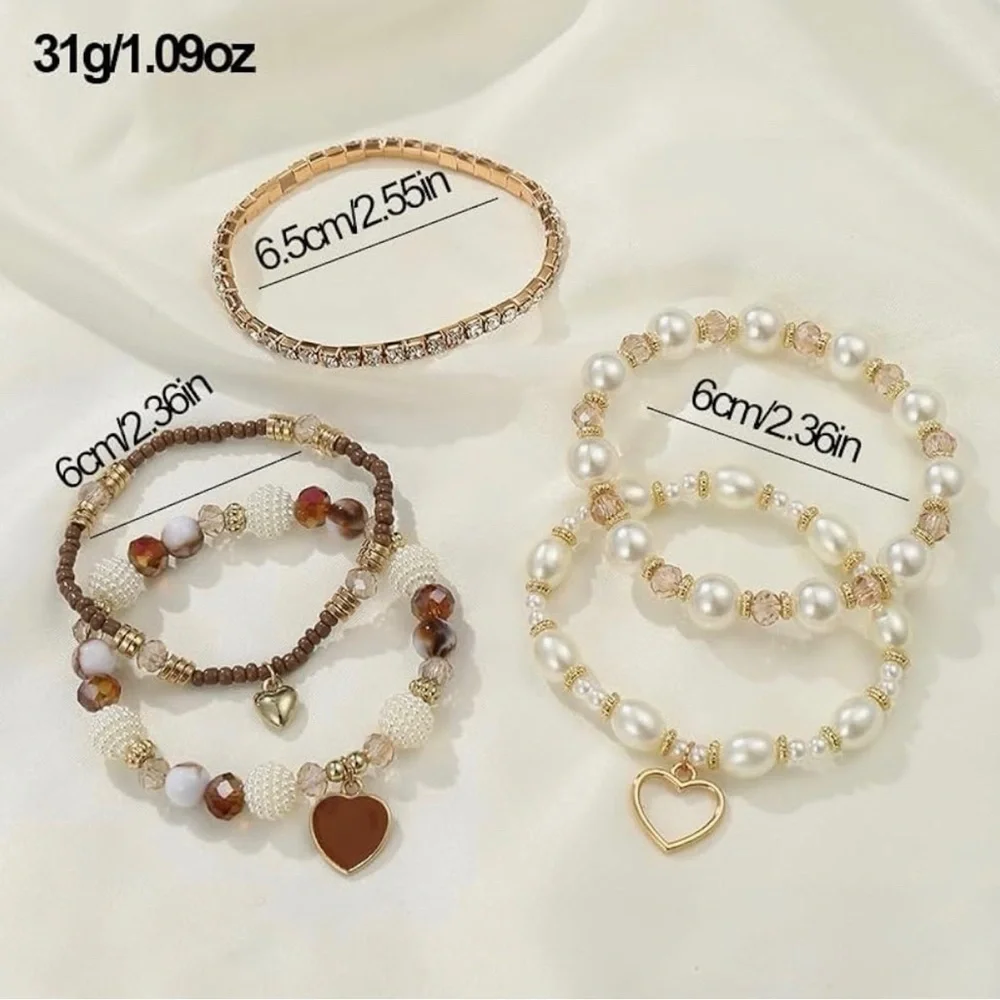 Boho Pearl & Crystal Heart Charm Bracelet Stack (5 Pieces) - Picture 5 of 6